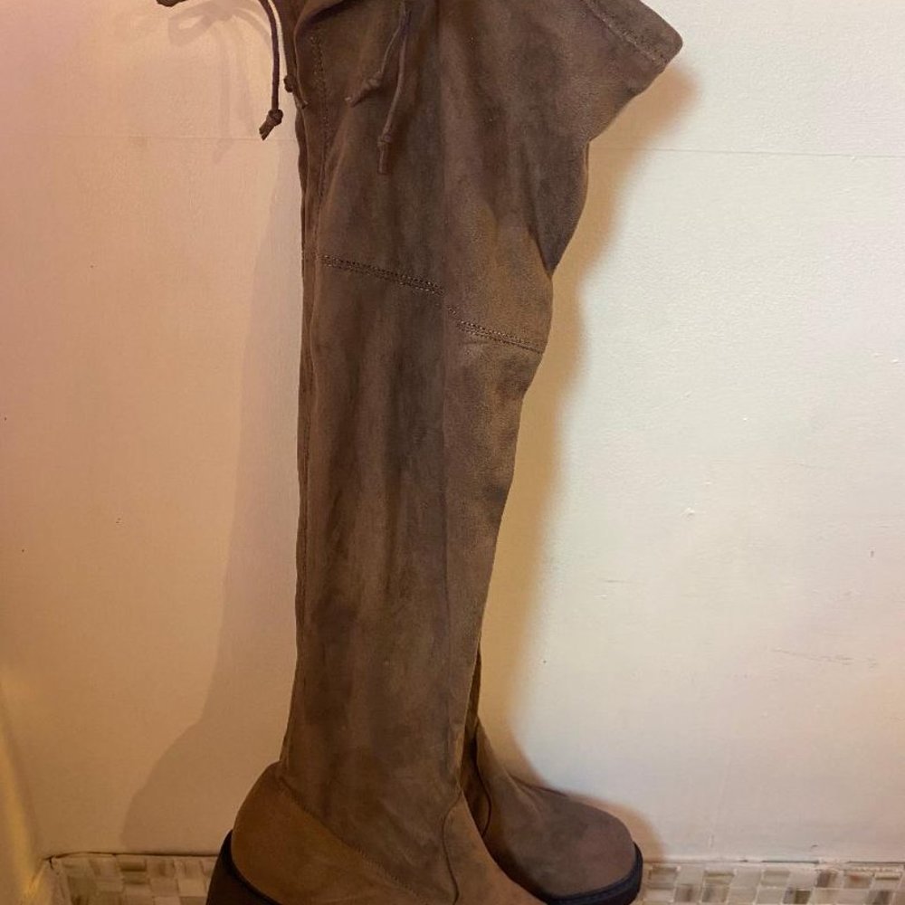 Tan suede above the knee boots w/ tie up top (New)